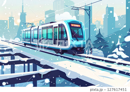 冬の都会の中を走る電車の風景 127617451