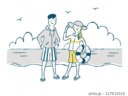 海水浴を楽しむ水着姿のカップルのイラスト 海水浴を楽しむ水着姿のカップルのイラスト 127618328