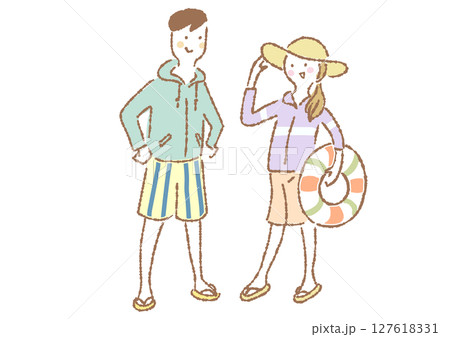 水着とラッシュガードを着たカップルの手描きイラスト 127618331