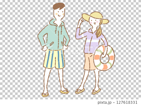 Hand-drawn illustration of a couple wearing swimsuits and rash guards 127618331