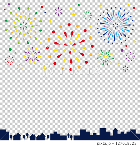 カラフルな打ち上げ花火と街並みのイラスト 127618525