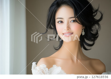 ナチュラル美肌日本人ヘアメイクスタイル 美人女性像を生成AIで表現（横写真） 127618556