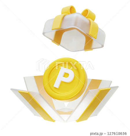 Coins in a yellow gift box 3D graphic Coins in a yellow gift box 3D graphic 127618636