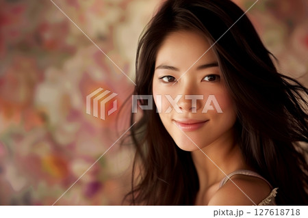 花に囲まれた美肌日本人ヘアメイクスタイル 美人女性像を生成AIで表現（横写真） 127618718