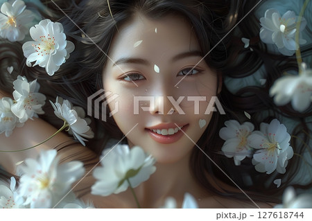 花に囲まれた美肌日本人ヘアメイクスタイル 美人女性像を生成AIで表現（横写真） 127618744