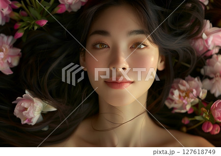 花に囲まれた美肌日本人ヘアメイクスタイル 美人女性像を生成AIで表現（横写真） 127618749