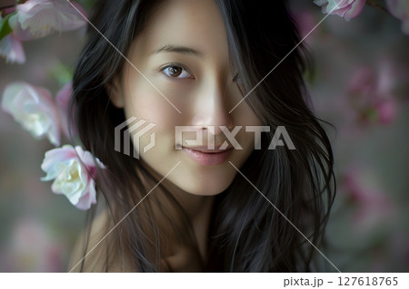 花に囲まれた美肌日本人ヘアメイクスタイル 美人女性像を生成AIで表現（横写真） 127618765