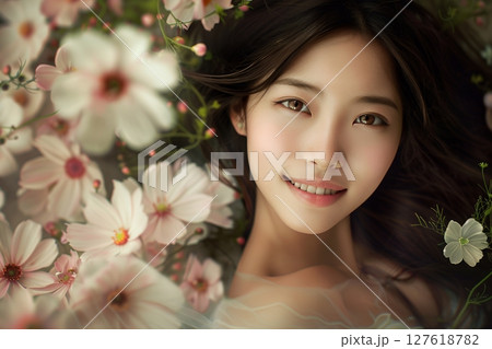 花に囲まれた美肌日本人ヘアメイクスタイル 美人女性像を生成AIで表現（横写真） 127618782