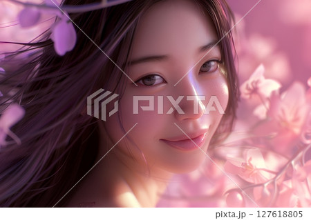 花に囲まれた美肌日本人ヘアメイクスタイル 美人女性像を生成AIで表現（横写真） 127618805