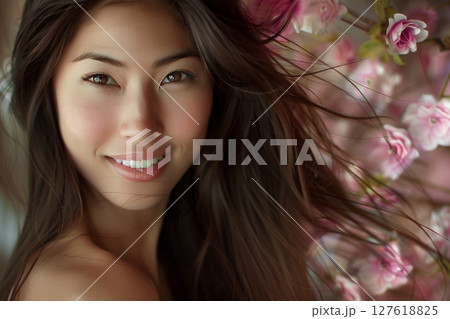花に囲まれた美肌日本人ヘアメイクスタイル 美人女性像を生成AIで表現（横写真） 127618825