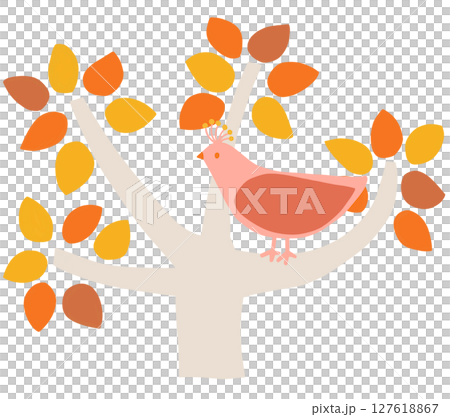 A small pink bird perched on a tree with autumn leaves A small pink bird perched on a tree with autumn leaves 127618867