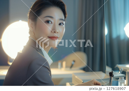 鏡に向かう日本人美人女性像を生成AIで表現（横写真） 127618907