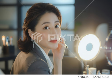 鏡に向かう日本人美人女性像を生成AIで表現（横写真） 127618908