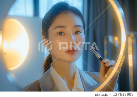 鏡に向かう日本人美人女性像を生成AIで表現（横写真） 127618909