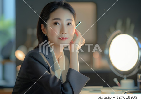 鏡に向かう日本人美人女性像を生成AIで表現（横写真） 127618939