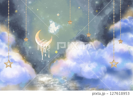 夢かわいい雲と三日月と星のイラスト 夢かわいい雲と三日月と星のイラスト 127618953