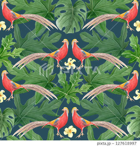Seamless tropical pattern with red golden pheasants, yellow flowers, lush green monstera, papaya leaves. Watercolor on dark background ideal for fabric prints, wallpaper, wrap, packaging, interior Seamless tropical pattern with red golden pheasants, yellow flowers, lush green monstera, papaya leaves. Watercolor on dark background ideal for fabric prints, wallpaper, wrap, packaging, interior 127618997
