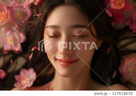 花に囲まれたナチュラル美肌日本人　目を閉じた 美人女性像を生成AIで表現（横写真） 127619010