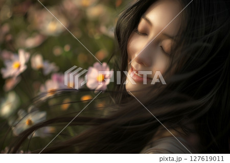 花に囲まれたナチュラル美肌日本人　目を閉じた 美人女性像を生成AIで表現（横写真） 127619011