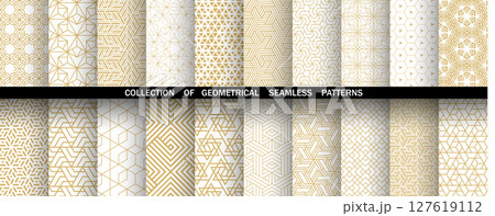 Geometric set of seamless golden and white patterns. Simple vector graphics 127619112