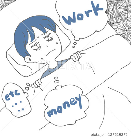 将来を考えすぎてなかなか寝付けない男性 英語 背景あり 127619273