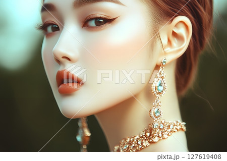 ビューティフルな日本人ヘアメイクスタイル 美人女性像を生成AIで表現（横写真） 127619408