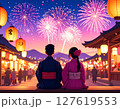 神社から花火を見る男女 127619553