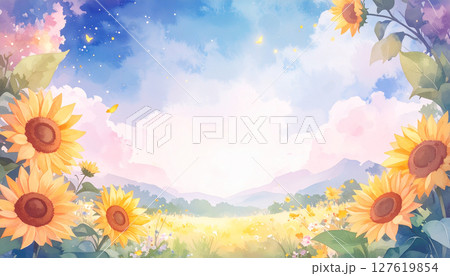 水彩で描いたひまわり畑のある風景 127619854