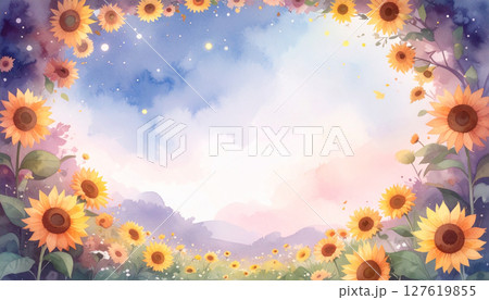 水彩で描いたひまわり畑のある風景 水彩で描いたひまわり畑のある風景 127619855