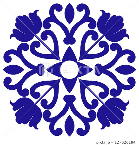 Vector decorative pattern blue and white design with frame or border. Baroque Vector mosaic. Traced watercolo. Capri Majolica 127620194