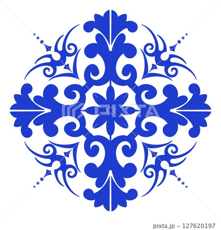 Vector decorative pattern blue and white design with frame or border. Baroque Vector mosaic. Traced watercolo. Capri Majolica Vector decorative pattern blue and white design with frame or border. Baroque Vector mosaic. Traced watercolo. Capri Majolica 127620197