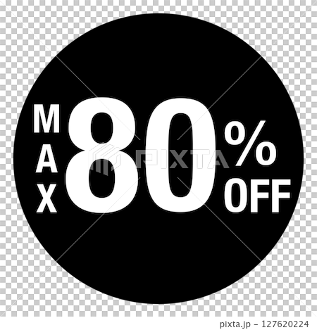 Circular illustration with the words "MAX 80% OFF" in black and white with transparent background 127620224