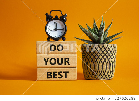 Do your Best symbol. Concept words Do your Best on wooden blocks. Beautiful orange background with succulent plant and alarm clock. Business and Do your Best concept. Copy space. 127620288