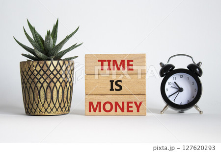 Time is Money symbol. Concept words Time is Money on wooden blocks. Beautiful white background with alarm clock and succulent plant. Business and Time is Money concept. Copy space 127620293