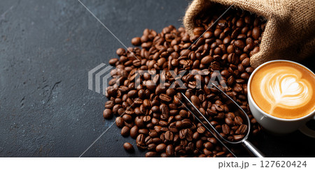 hot coffee with roasted coffee beans 127620424