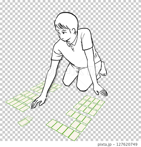 競技かるたで札を取る半袖シャツを着た男性のイラスト素材 127620749