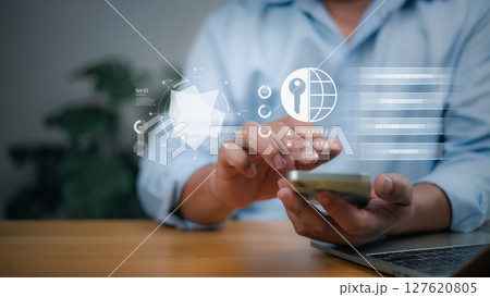 Secure access, network security, digital privacy, online security, and IT solutions. A person interacts with a holographic interface on a smartphone, show cybersecurity and data protection options. 127620805