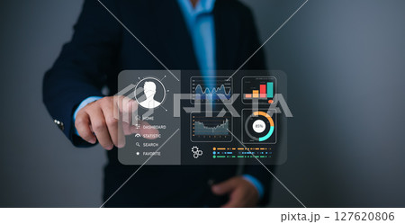 Businessman selecting candidate on a digital dashboard interface, analyzing talent profiles and data-driven HR insights for recruitment, teamwork, leadership, and workforce management. Businessman selecting candidate on a digital dashboard interface, analyzing talent profiles and data-driven HR insights for recruitment, teamwork, leadership, and workforce management. 127620806
