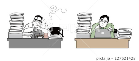 デスクワークの昭和のサラリーマンと令和のビジネスマン。仕事で疲れている日本人男性のベクターイラスト 127621428