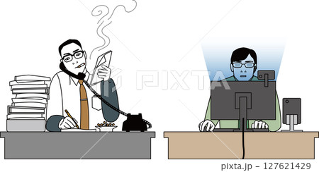デスクワークの昭和のサラリーマンと令和のビジネスマン。仕事中の日本人男性のベクターイラスト 127621429