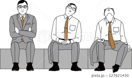 座る日本人のビジネスマン。腕組み、居眠りする男性のベクターイラスト 127621430