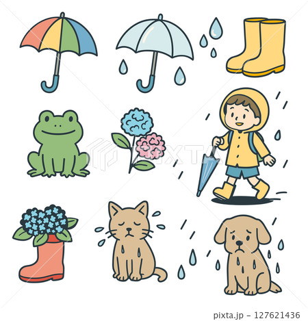 梅雨の季節アイコンセット|傘・カエル・紫陽花などのかわいいイラスト素材 梅雨の季節アイコンセット|傘・カエル・紫陽花などのかわいいイラスト素材 127621436