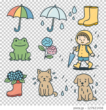 Rainy season icon set | Cute illustrations of umbrellas, frogs, hydrangeas, etc. 127621436