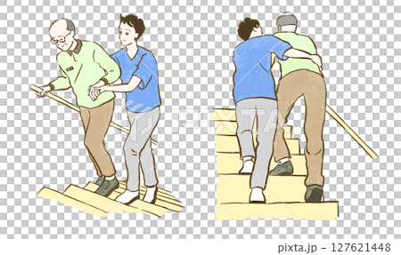 福利與照護：一位年輕人幫助一位老人爬樓梯 127621448