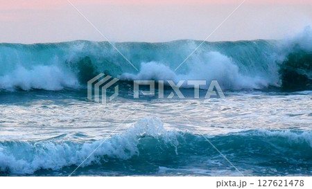 Tropical sea beach in summer time Purple sky on sunny day. Golden sand beach sea peaceful scenery on the beach. Travel vacation seaside outdoor. Ocean island beautiful dramatic Magenta landscape 127621478