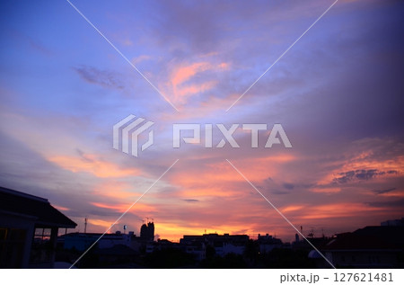 Violet purple sky in morning scenery Vibrant colorful blue sky summer time on sunrise. Natural beautiful landscape. Beauty purple sky romantic dramatic landscape cloudy outdoor paradise in sunset Violet purple sky in morning scenery Vibrant colorful blue sky summer time on sunrise. Natural beautiful landscape. Beauty purple sky romantic dramatic landscape cloudy outdoor paradise in sunset 127621481