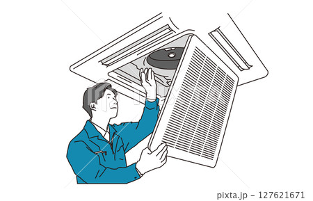 業務用エアコンの空調設備を確認する作業員男性のイラスト 業務用エアコンの空調設備を確認する作業員男性のイラスト 127621671