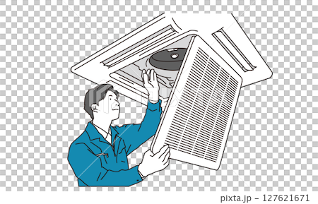 業務用エアコンの空調設備を確認する作業員男性のイラスト 業務用エアコンの空調設備を確認する作業員男性のイラスト 127621671