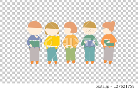 Icon set of men and women sitting side by side and reading 127621759