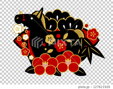 午年年賀状アイコン01、赤黒、黒馬、扇と椿と松竹梅、かわいい、イラスト 127621926